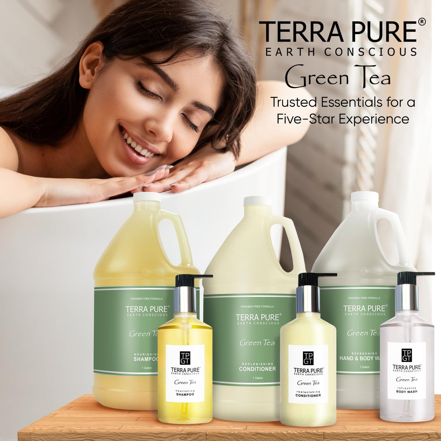 Terra Pure Gallon & Dispenser Set | All-In-Kit for Hotels – Shampoo, Conditioner & Body Wash