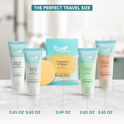 Terra Pure Travel Size Hotel Toiletry Set – 300 Count, 0.85oz Bottles, White Tea Scent, Aloe & Olive Oil