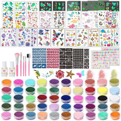 TEUVO Kids Glitter Tattoo Kit – 50 Colors, 177 Stencils, 25 Pattern Stickers