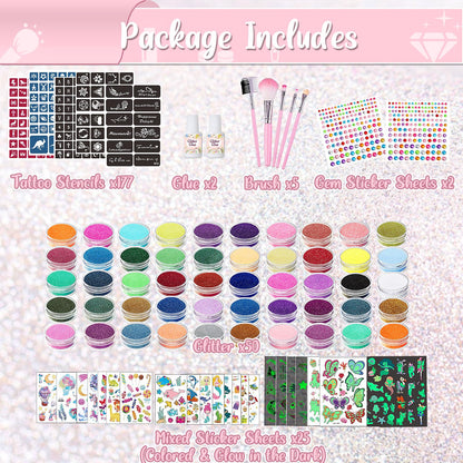 TEUVO Kids Glitter Tattoo Kit – 50 Colors, 177 Stencils, 25 Pattern Stickers