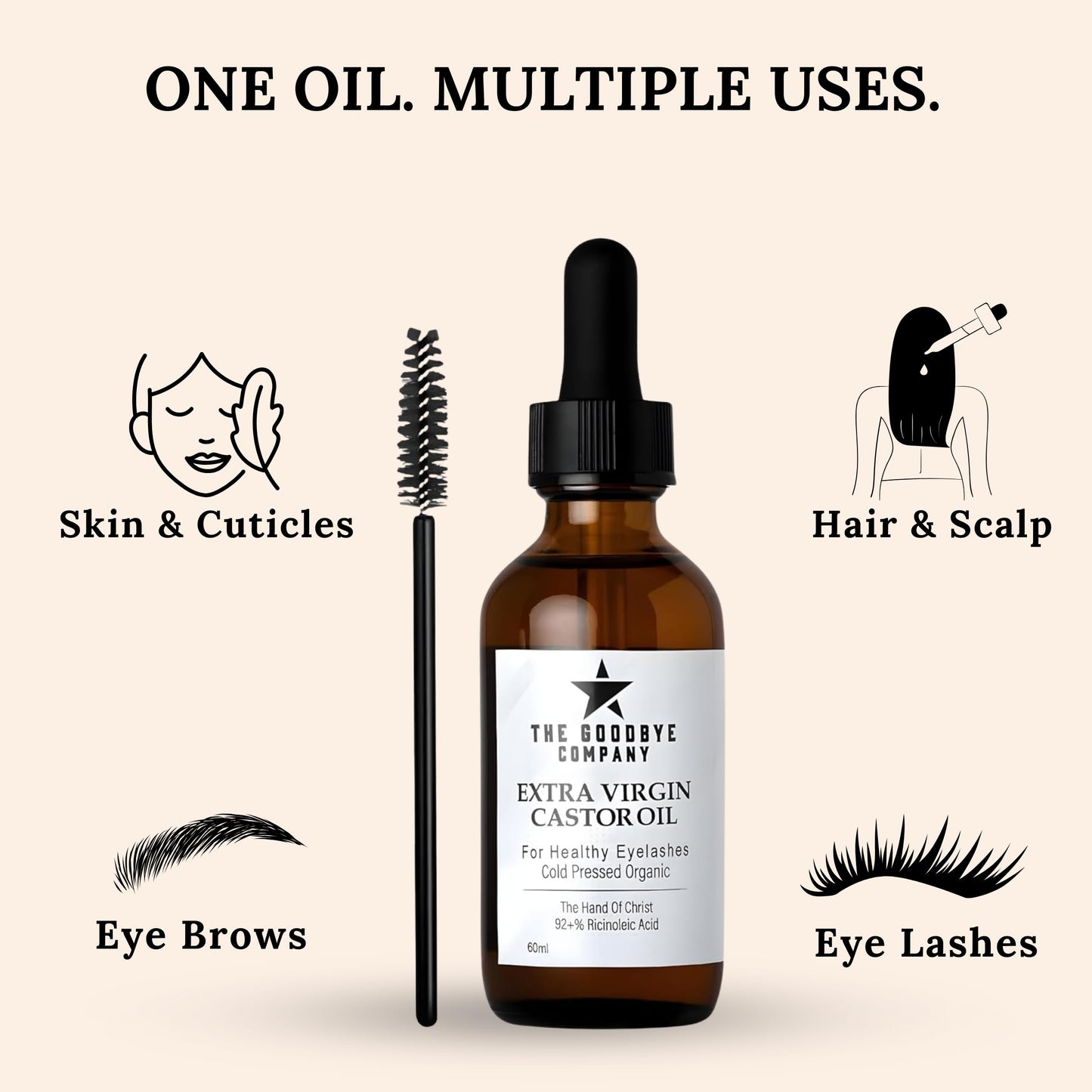 The Goodbye Company USDA Organic Castor Oil for Eyelashes & Eyebrows – 100% Pure Cold-Pressed, Hexane-Free 60ml with Applicator