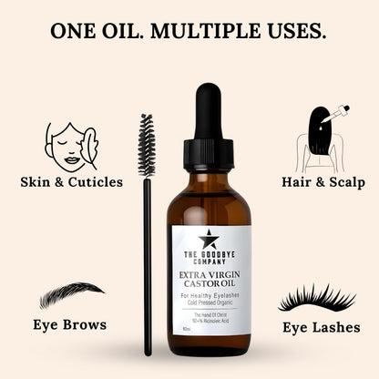The Goodbye Company USDA Organic Castor Oil for Eyelashes & Eyebrows – 100% Pure Cold-Pressed, Hexane-Free 60ml with Applicator