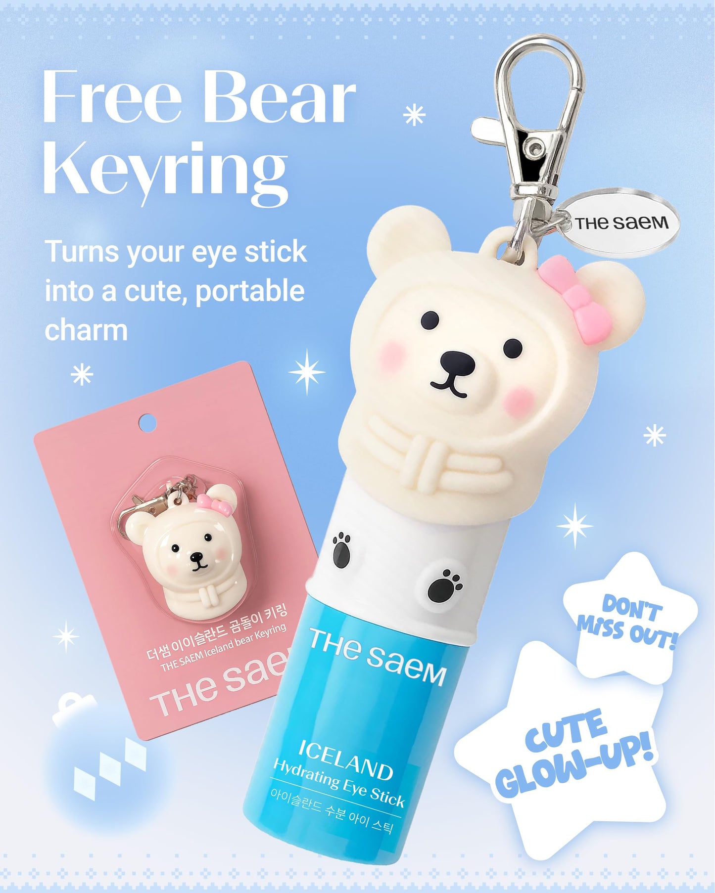 THESAEM Iceland Hydrating Eye Stick with Bear Keyring Set – Cooling Under-Eye Balm, 0.38oz