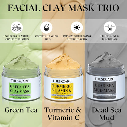 THESKCARE 3 PCS Clay Mask Set — Turmeric Vitamin C, Green Tea & Dead Sea Mud for Oil Control