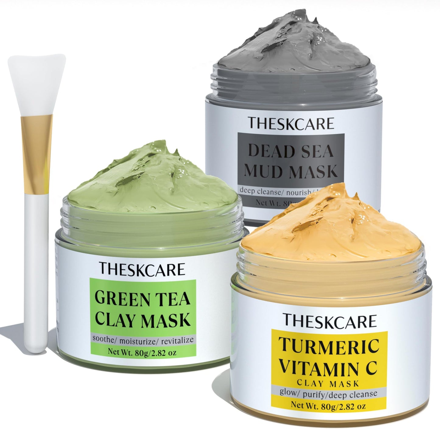 THESKCARE 3 PCS Clay Mask Set — Turmeric Vitamin C, Green Tea & Dead Sea Mud for Oil Control