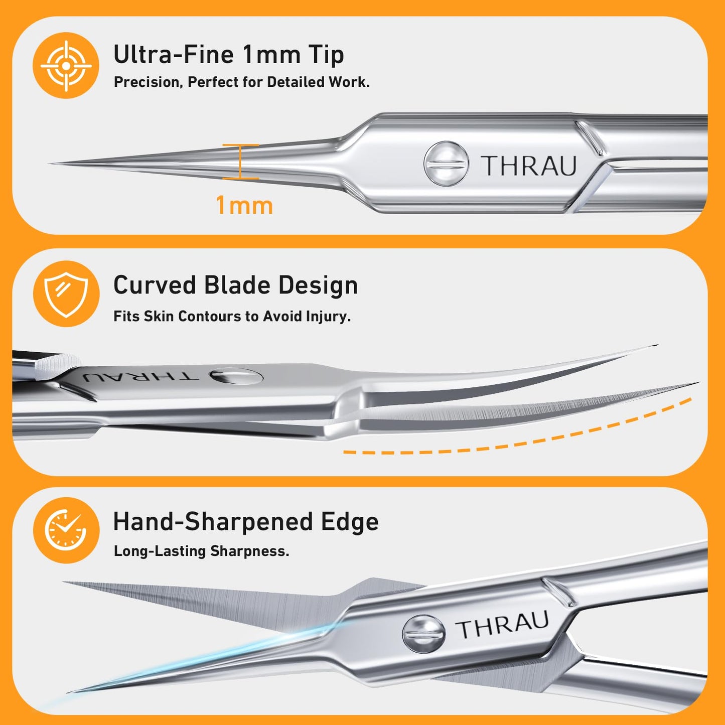 THRAU Cuticle Scissors - Extra Fine Curved Blade for Precise Manicures and Pedicures