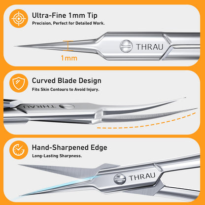 THRAU Cuticle Scissors - Extra Fine Curved Blade for Precise Manicures and Pedicures