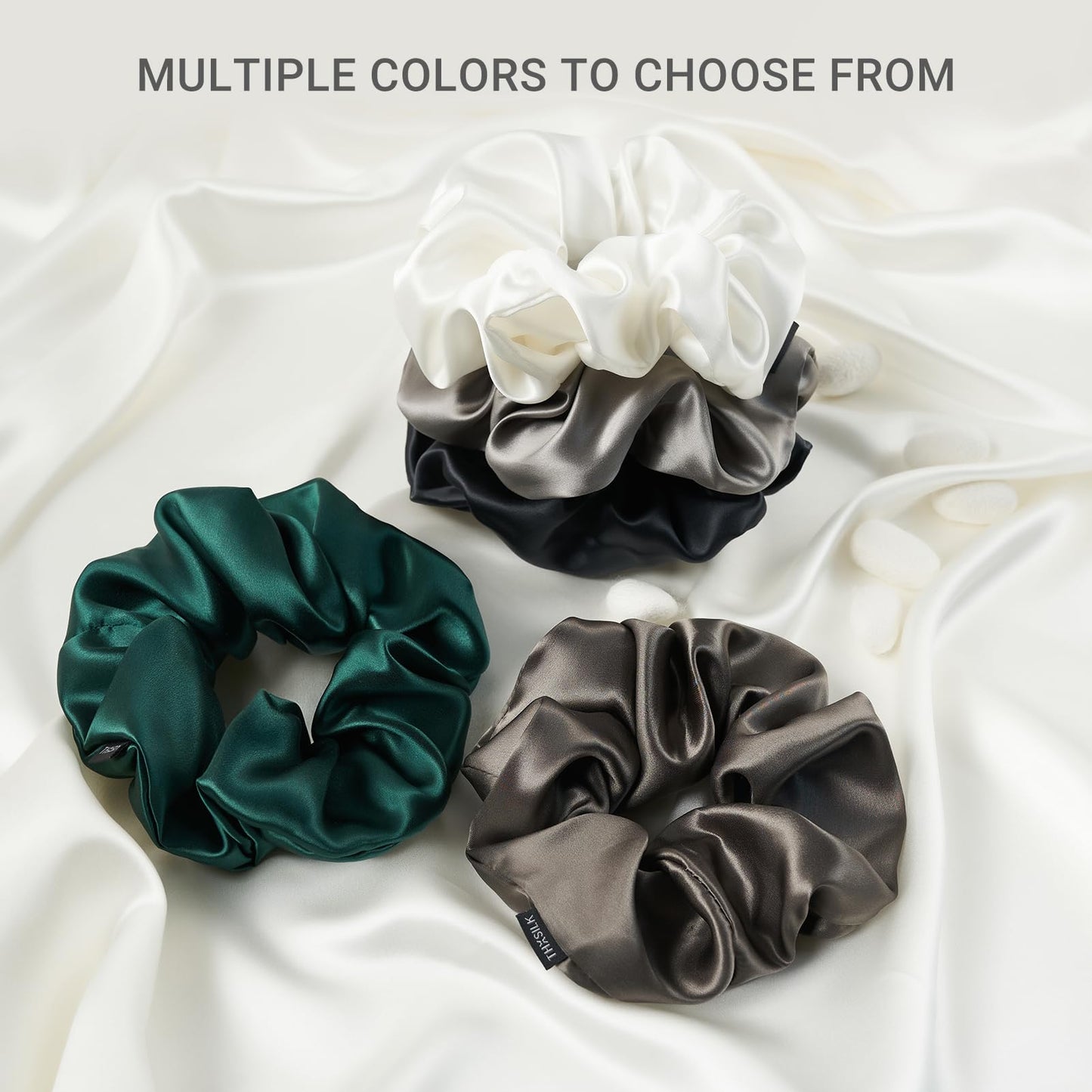 THXSILK Silk Scrunchies for Women - Pure Mulberry Silk Hair Ties, Charcoal for Thick Hair