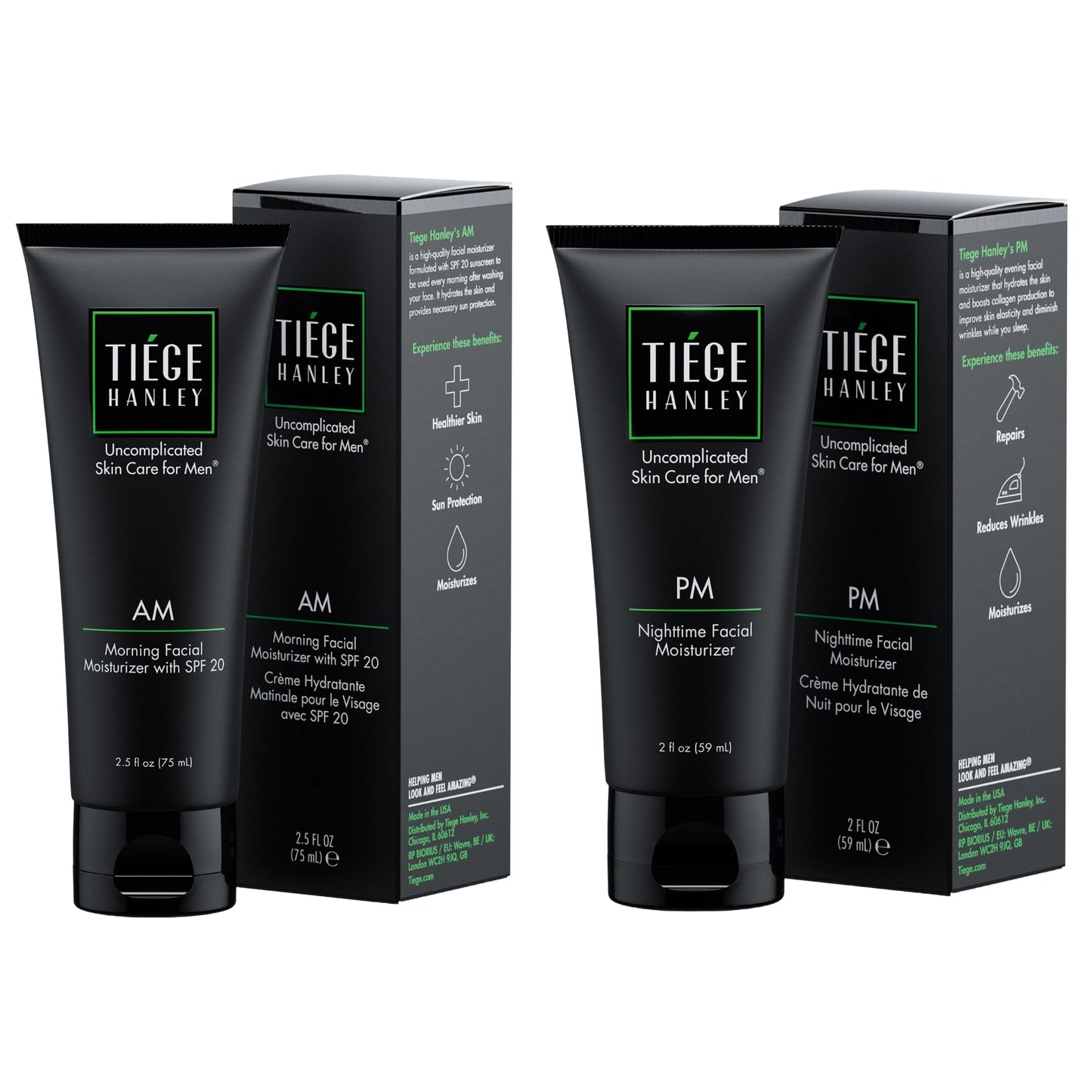 Tiege Hanley Men’s AM SPF 20 Day Moisturizer + PM Night Peptide Moisturizer – 2.5 oz / 2 oz