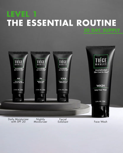Tiege Hanley Level 1 Skin Care Set for Men — 4-Piece Essential Routine (Daily Face Wash, Scrub, SPF Moisturizer, Night Cream)