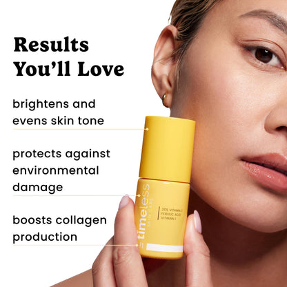 Timeless Skin Care Vitamin C Serum with Vitamin E & Ferulic Acid – Fragrance-Free Brightening Serum, 1 oz