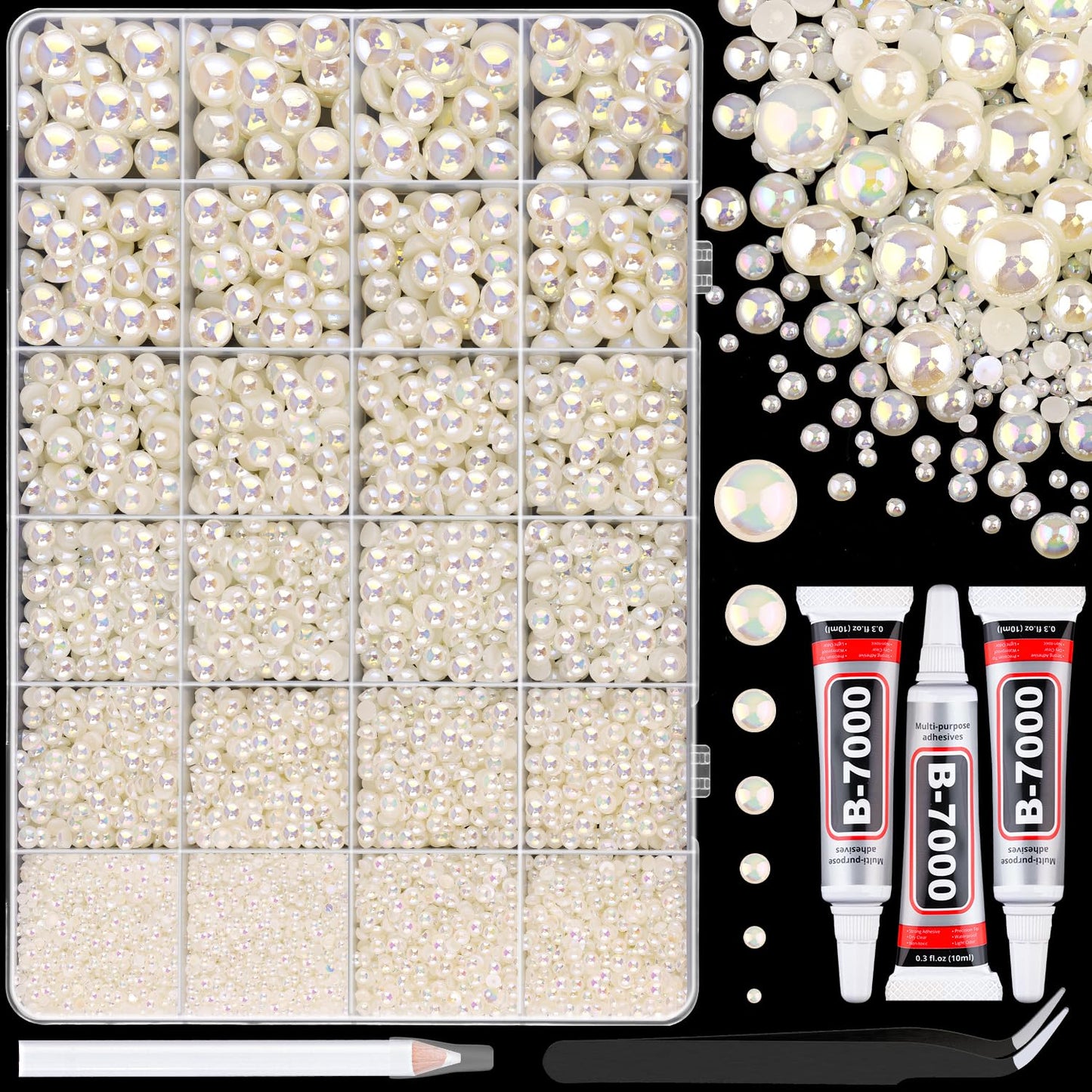 TINKRSTUFF 11000Pcs Beige AB Flatback Pearls for Crafting – 2–10mm with B7000 Glue
