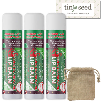 Tiny Seed Vegan Lip Balm Set – 3x 0.25 oz Chocolate Candy Cane + Muslin Pouch