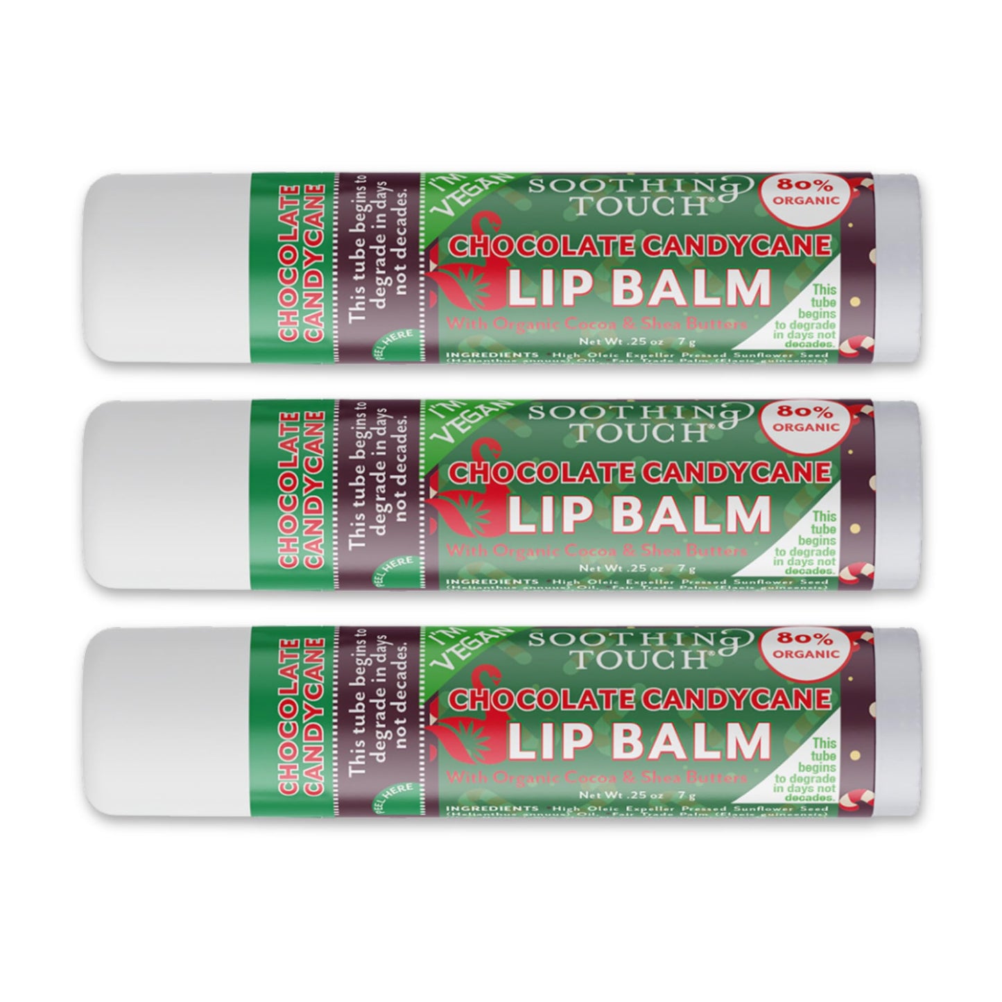 Tiny Seed Vegan Lip Balm Set – 3x 0.25 oz Chocolate Candy Cane + Muslin Pouch