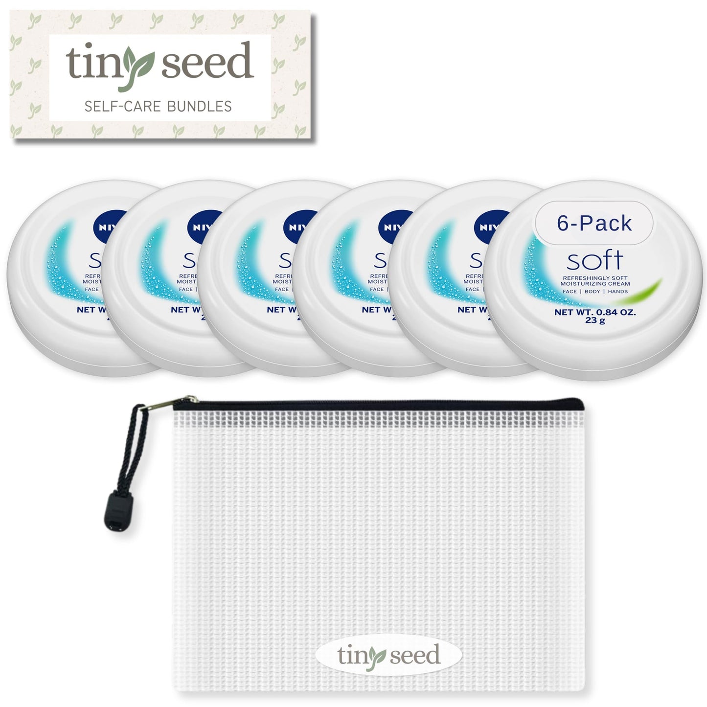 TINY SEED Travel Kit: 6-Pack Nivea Soft Cream (0.84 oz) + Free Zipper Pouch
