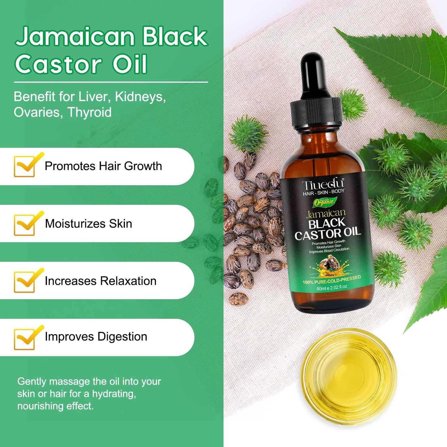 Tiuedu Jamaican Black Castor Oil 2-Pack – 100% Pure Cold-Pressed for Hair Growth, Eyelashes & Skin