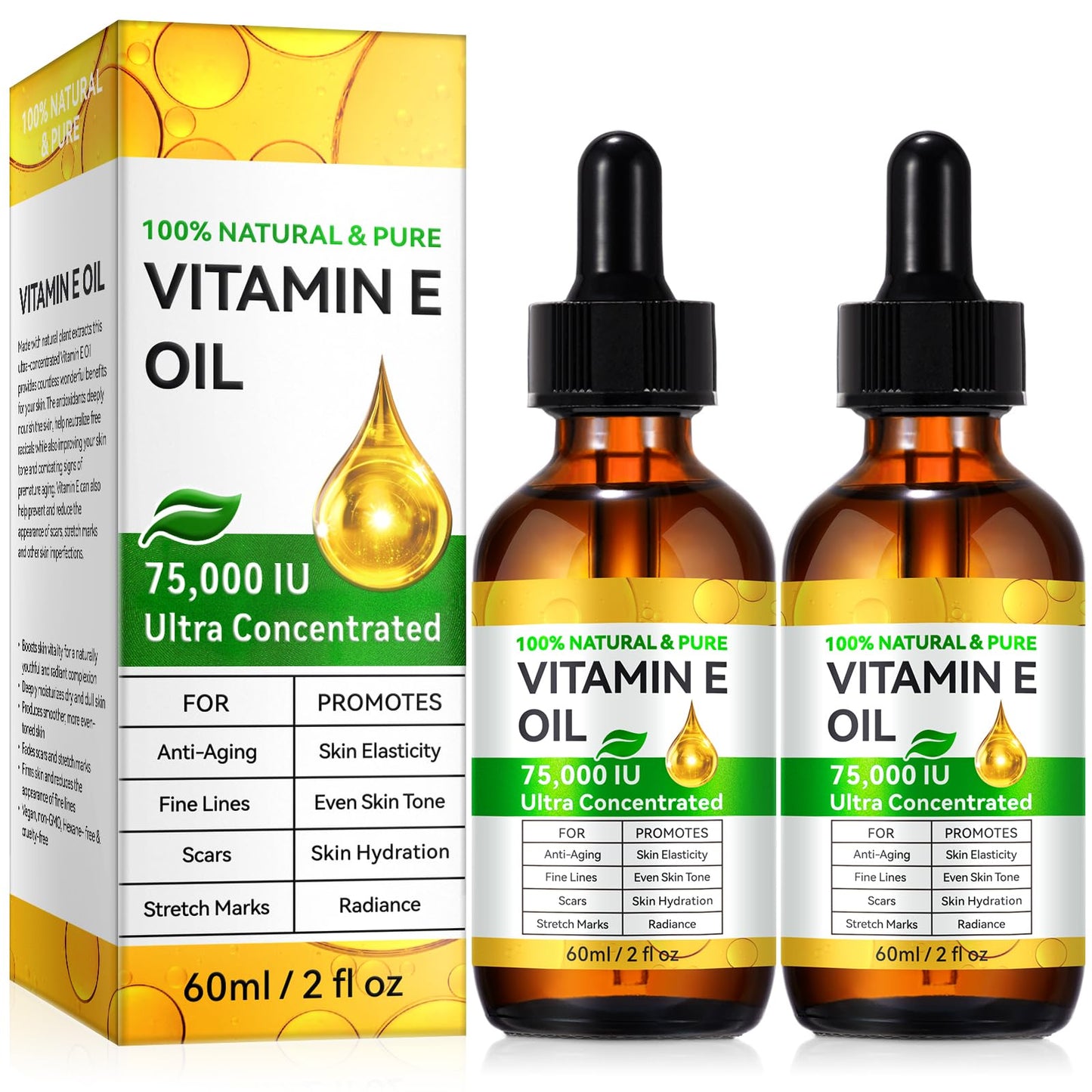 Tiuedu 2PCS Natural Vitamin E Oil – 75,000 IU Ultra Concentrated for Skin, Face, Hair & Scars