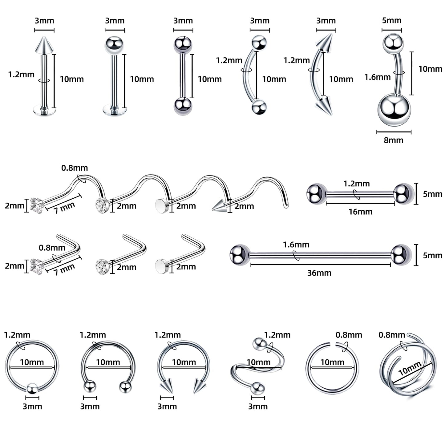 TKKUY 131PCS Piercing Kit - All Body Piercings, 316L Stainless Steel Jewelry