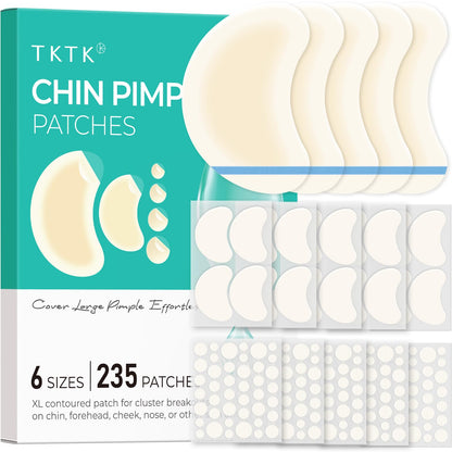 TKTK Chin Pimple Patches — 265 Count, 6 Sizes, XL Contoured 62x42 mm and L 38x26 mm