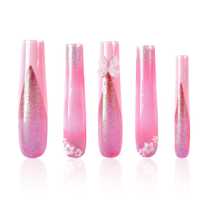 Tmani 10pc Extra Long Handmade Press-On Nails – Ballet Square with Diamond Glitter