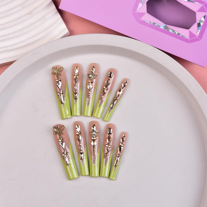 Tmani 10pc Extra Long Handmade Press-On Nails – Diamond Glitter Square Tips for Party & Gift
