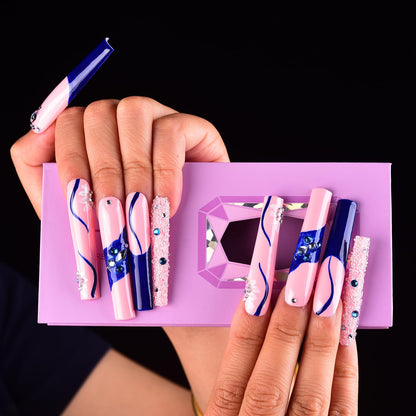 Tmani 10pc Extra-Long Handmade Press-On Nails – Square Glitter Crystal, Purple Case