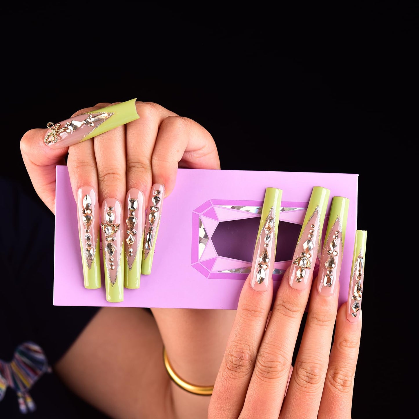 Tmani 10pc Extra Long Handmade Press-On Nails – Diamond Glitter Square Tips