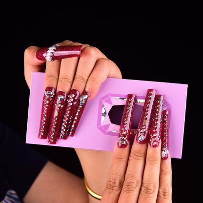 Tmani 10pc Extra Long Handmade Press-On Nails – Square Ballet Nails with Diamond Glitter