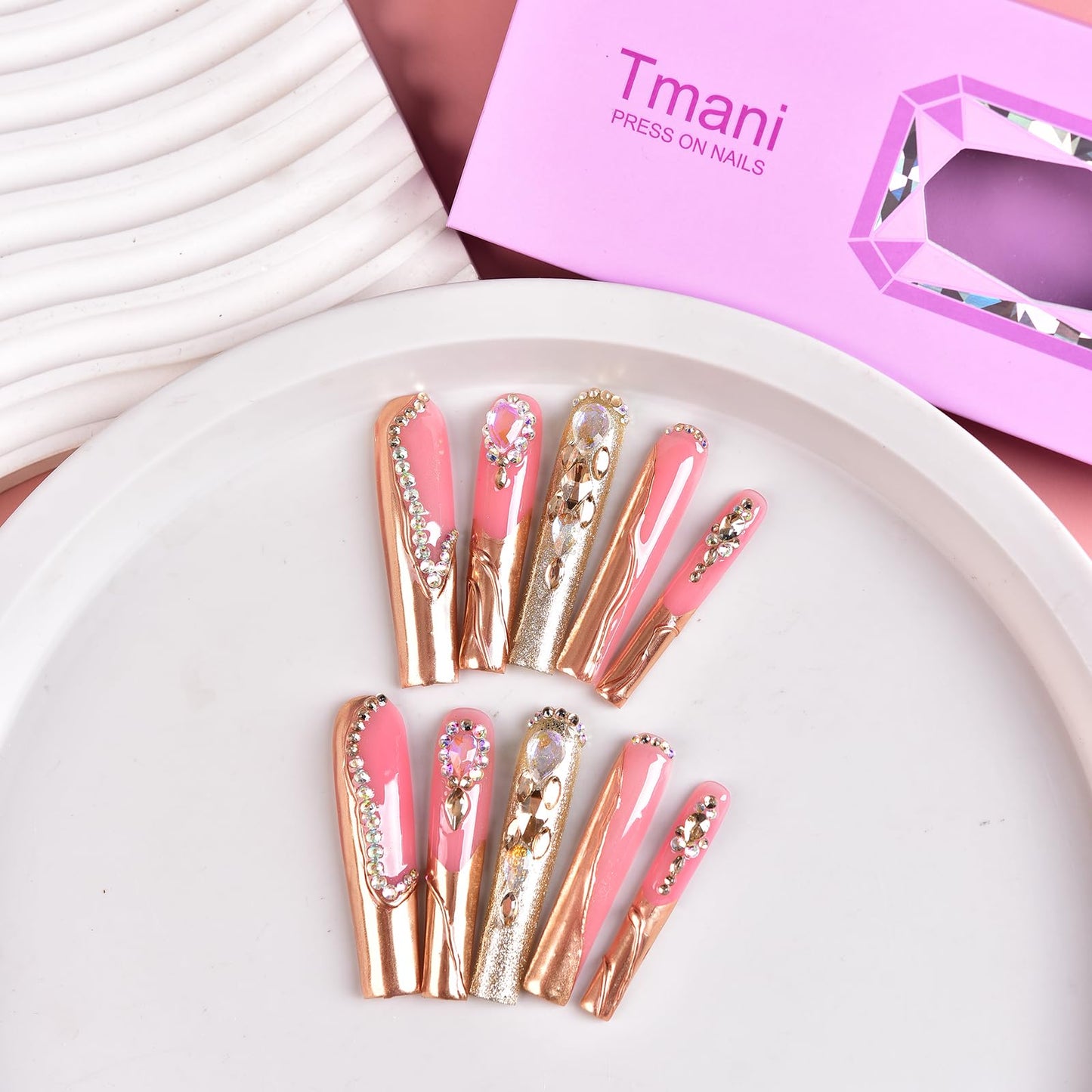 Tmani 10pc Extra Long Handmade Press-On Nails – Ballet Square Tips with Diamond Glitter