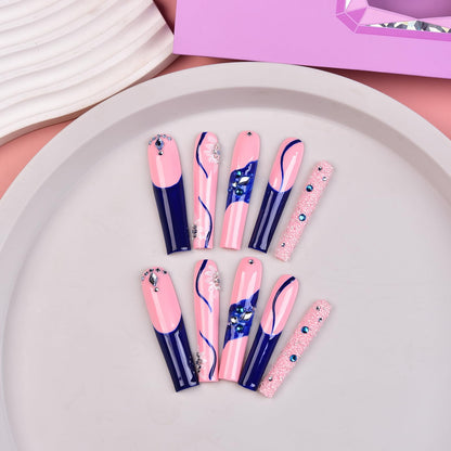 Tmani 10pc Extra-Long Handmade Press-On Nails – Square Glitter Crystal, Purple Case