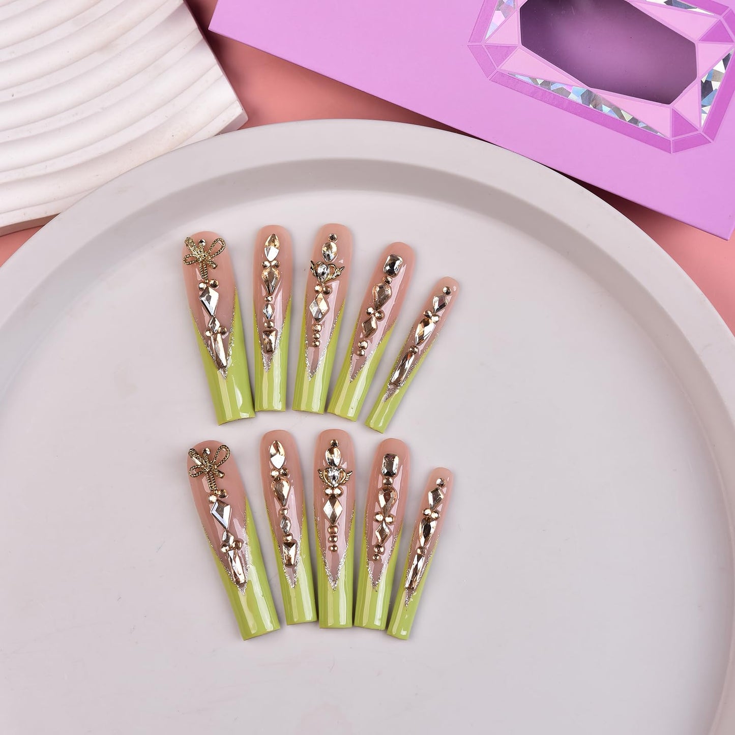 Tmani 10pc Extra Long Handmade Press-On Nails – Diamond Glitter Square Tips