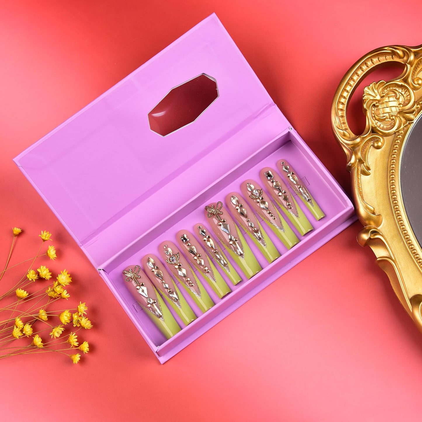 Tmani 10pc Extra Long Handmade Press-On Nails – Diamond Glitter Square Tips for Party & Gift