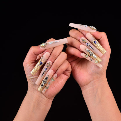 Tmani 10pc Extra Long Handmade Press-On Nails - Long Square Diamond Glitter (Size-L)