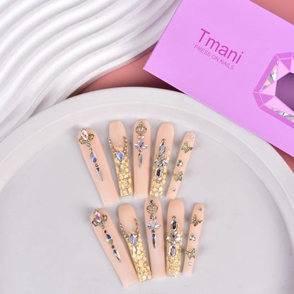 Tmani 10pc Extra Long Handmade Press-On Nails - Long Square Diamond Glitter (Size-L)