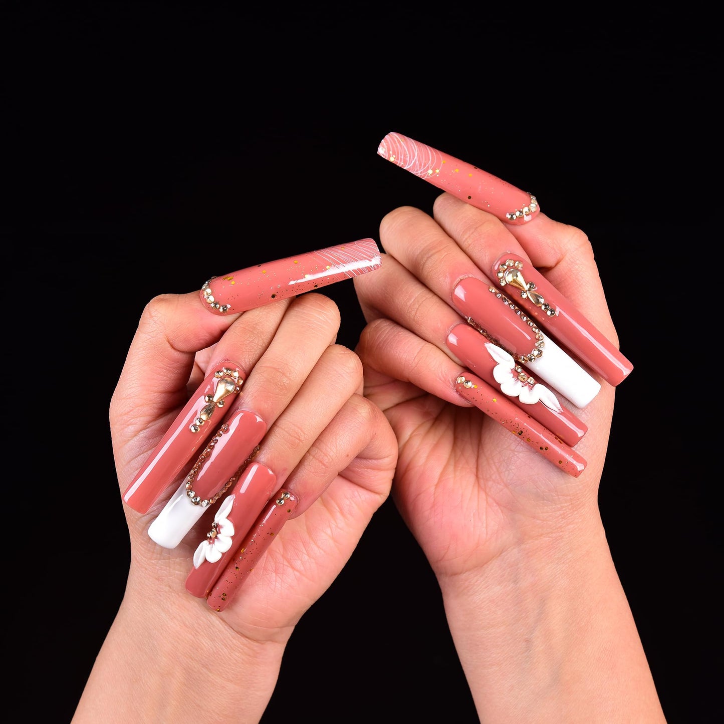 Tmani 10pc Extra Long Handmade Press-On Nails – Diamond Glitter, Ballet Square