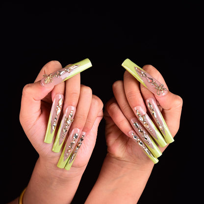 Tmani 10pc Extra Long Handmade Press-On Nails – Diamond Glitter Square Tips for Party & Gift