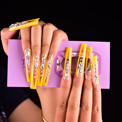 Tmani 10pc Extra Long Handmade Press-On Nails – Diamond Glitter Square Tips