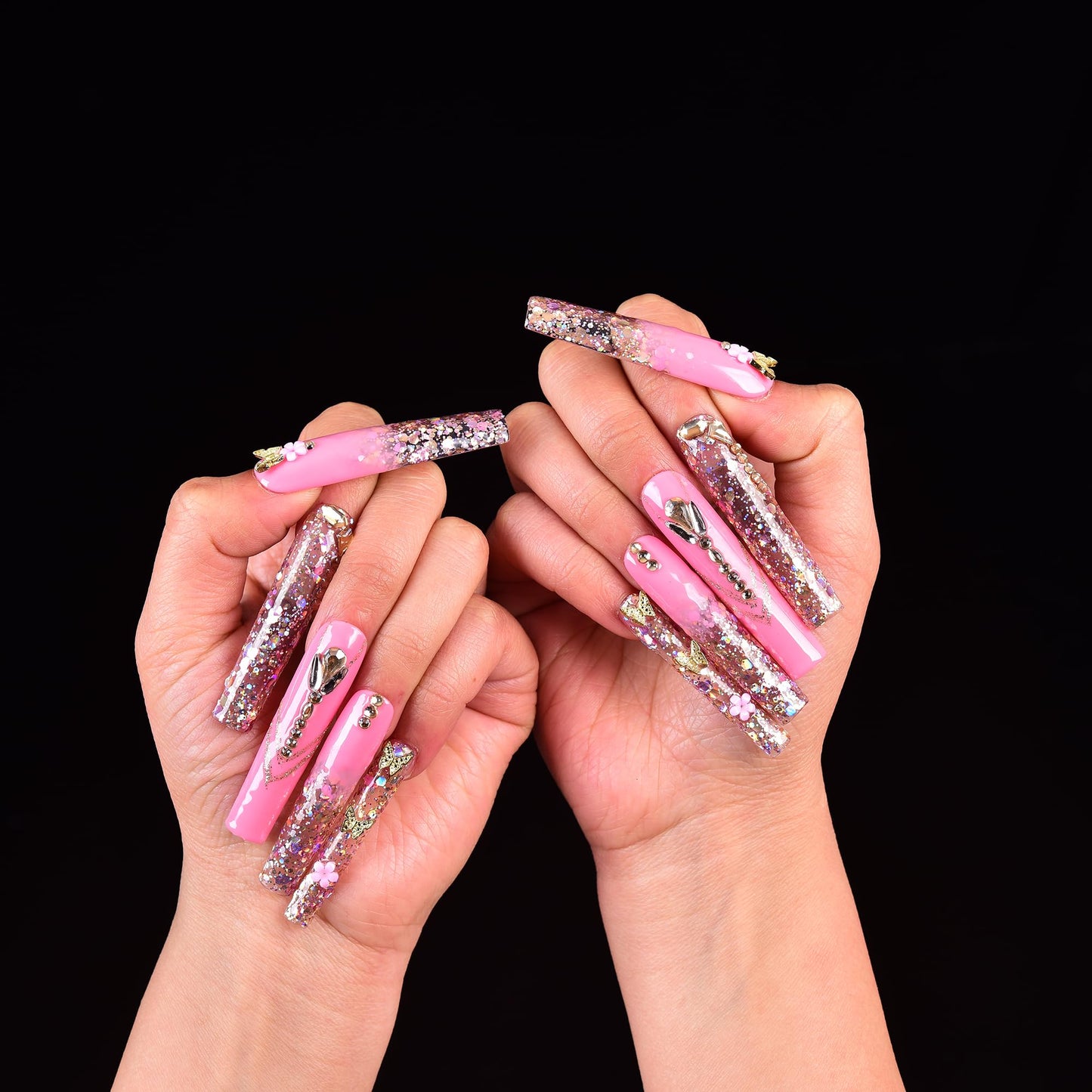 Tmani 10pc Extra Long Handmade Press On Nails – Diamond Glitter, Purple Case