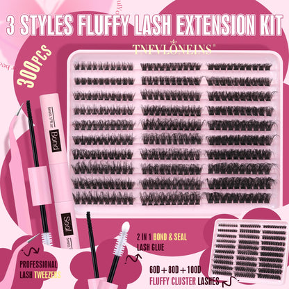 TNFVLONEINS Fluffy Lash Extension Kit 60D/80D/100D – 300Pcs with Bond & Seal and Tweezers