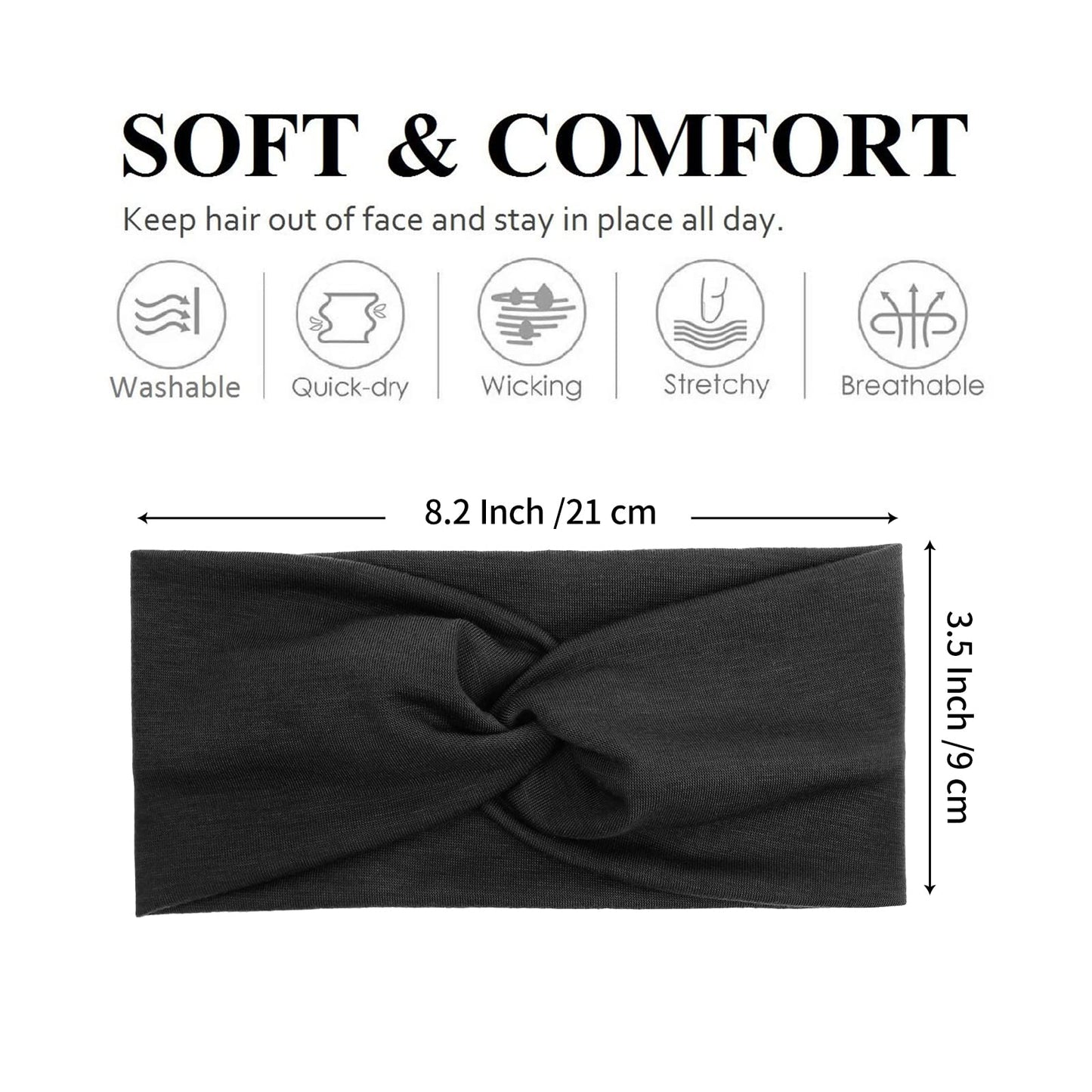 Tobeffect Black Headbands for Women | Non-Slip Turban Headband, Boho Elastic Hair Accessory (Black Grace)
