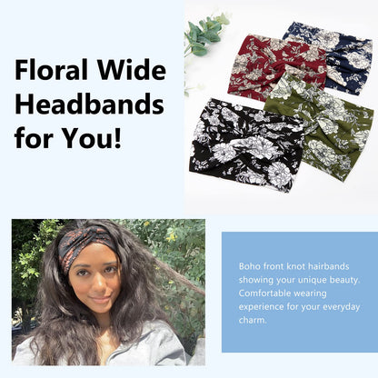 Tobeffect Wide Headbands for Women - 7-Inch Floral Turban Headbands (6 Pack) Boho Hair Accessories