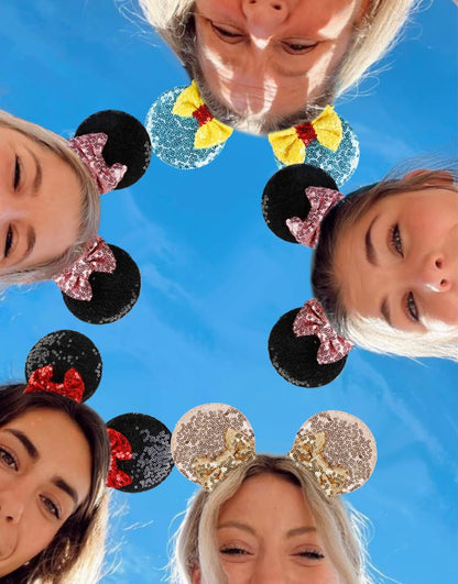 Tobeffect Mouse Ears Hair Bows Clips Glitter Pack – 4 Pairs for Women, Cosplay and Parties