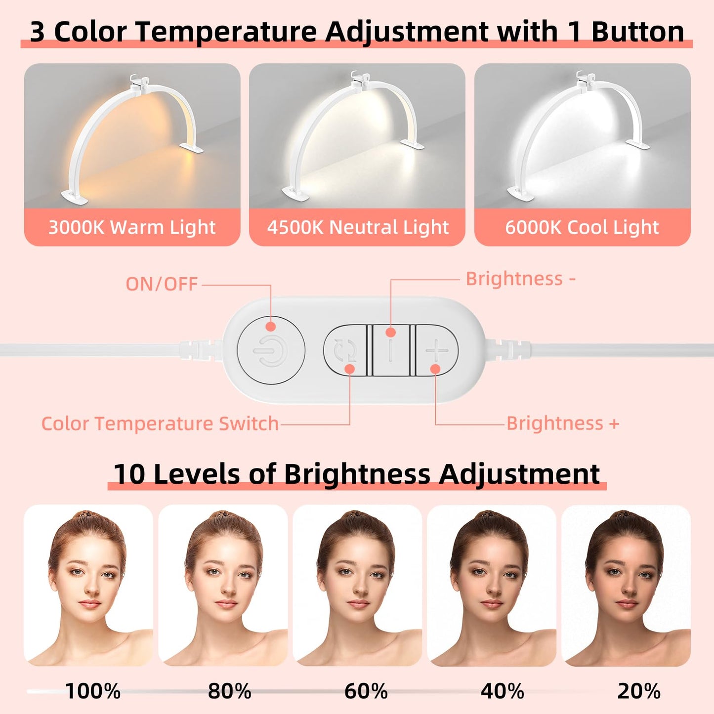 TOELOVE 29-Inch Half Moon Nail Desk Light – Foldable Arch Lamp with Phone Holder, 3 Color Modes, 10 Brightness