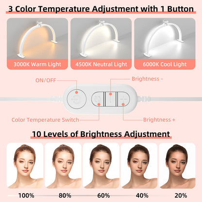 TOELOVE 29-Inch Half Moon Nail Desk Light – Foldable Arch Lamp with Phone Holder, 3 Color Modes, 10 Brightness
