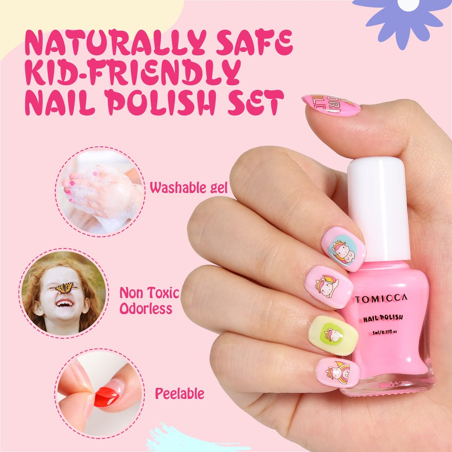 TOMICCA Kids Nail Polish Set - 12 Non-Toxic Water-Based, Odorless Peel-Off, Quick-Dry Colors (Ages 3+)