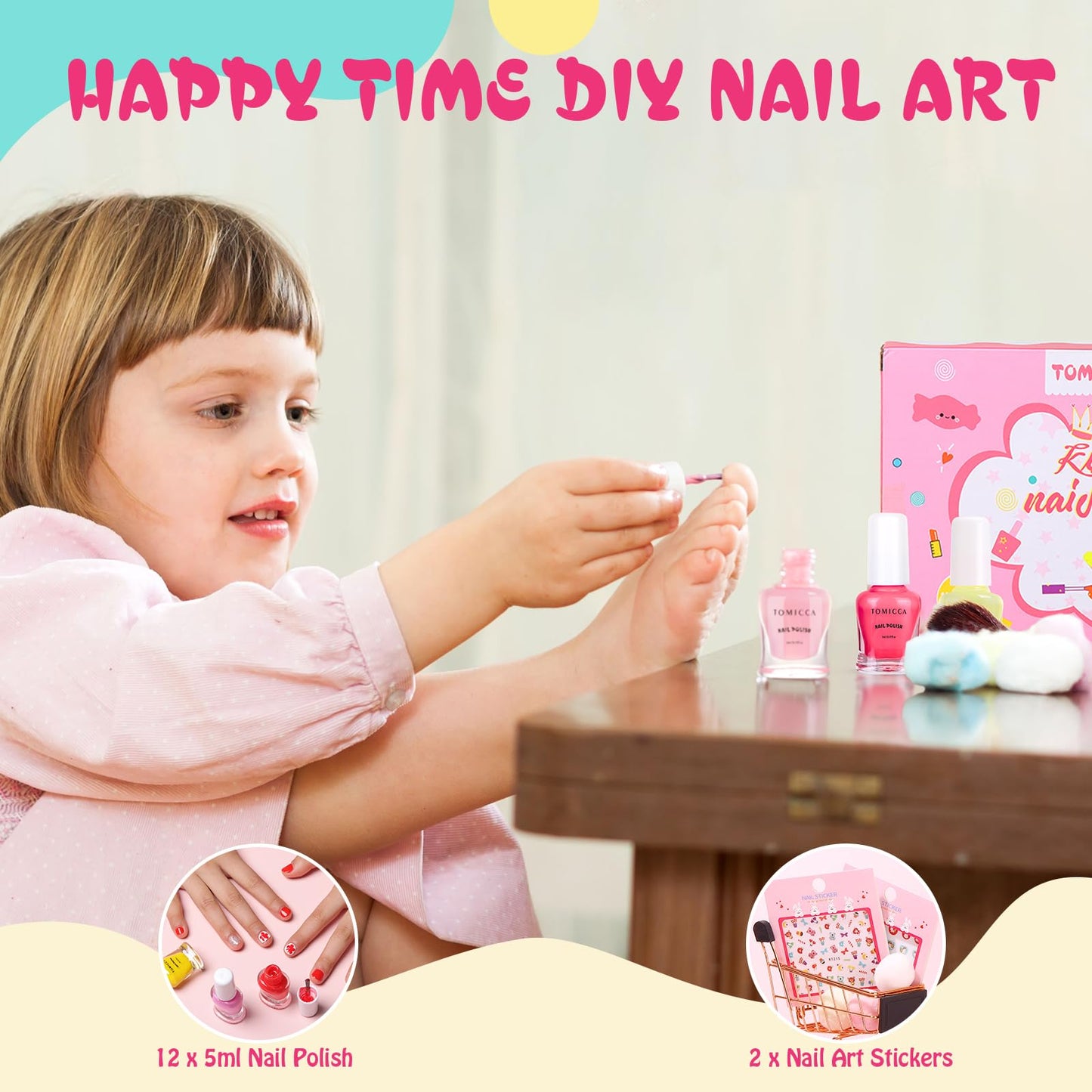 TOMICCA Kids Nail Polish Set - 12 Non-Toxic Water-Based, Odorless Peel-Off, Quick-Dry Colors (Ages 3+)