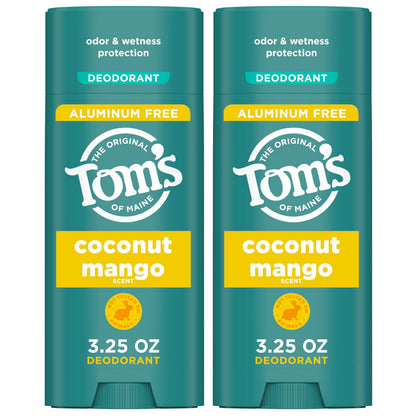 Tom's of Maine Coconut Mango Aluminum-Free Deodorant for Women & Men – Goes on Clear, Odor & Wetness Protection | 2-Pack (3.25 oz each)