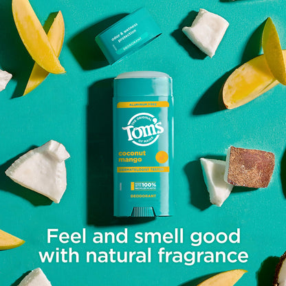 Tom's of Maine Coconut Mango Aluminum-Free Natural Deodorant | Goes On Clear | Odor & Wetness Protection | 3.25 oz