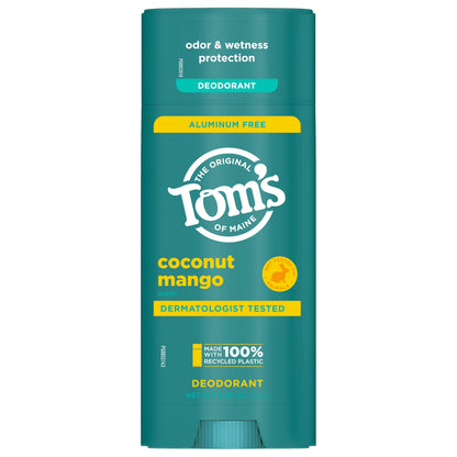 Tom's of Maine Coconut Mango Aluminum-Free Natural Deodorant | Goes On Clear | Odor & Wetness Protection | 3.25 oz