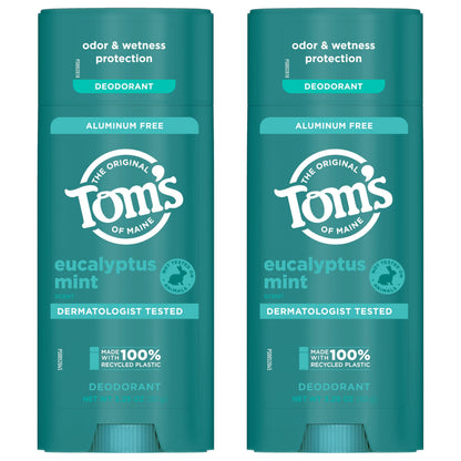 Tom's of Maine Eucalyptus Mint Aluminum-Free Natural Deodorant for Women & Men | Goes on Clear | Odor & Wetness Protection | 3.25 oz (2 Pack)